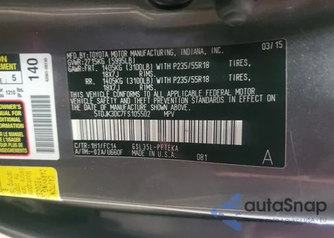 2015 Toyota Sienna Le z USA, uszkodzony, nr VIN 5TDJK3DC7FS105502